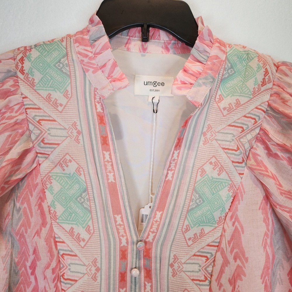 Umgee Top Coral Pink Geometric Puff Sleeve Boho Large NWT - Picture 2 of 6